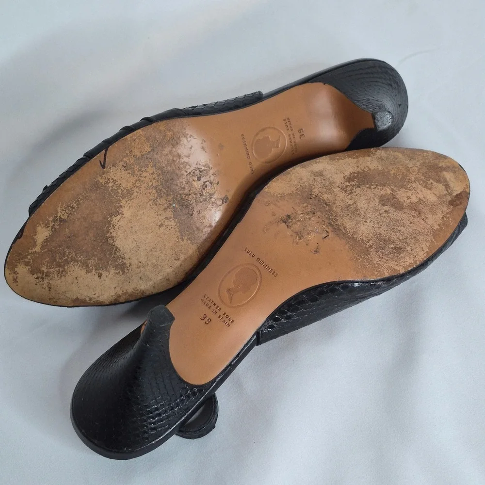 Lulu Guinness Black Snakeskin Leather Slingback Peep Toe Kitten Heels Spain 39